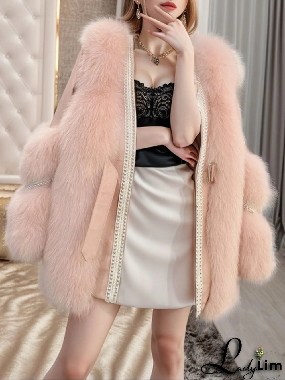 Daily Faux Fur Patchwork Buckle Belt Solid Plush Coat