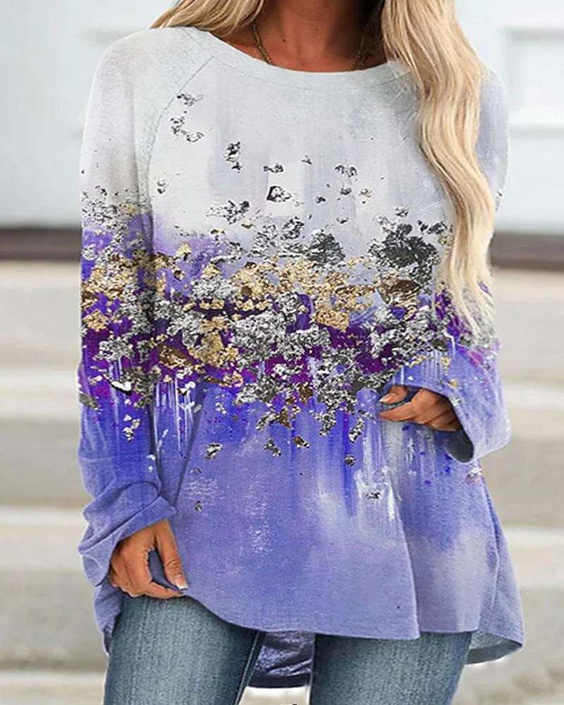 Women's Sequin Color Stitching Round Neck Long Sleeve Plus Size Top