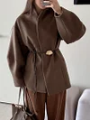 Women's Winter High-End Elegant Design Brown Waist-Cinching Woollen Coat