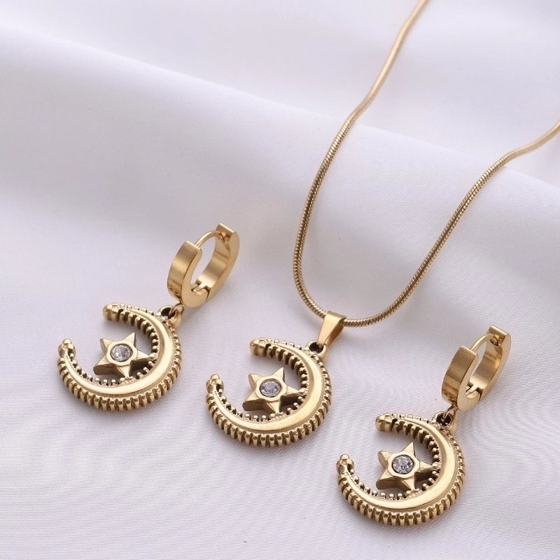 Titanium Steel Elegant Lady Inlay Star Moon Zircon Earrings Necklace Jewelry Set