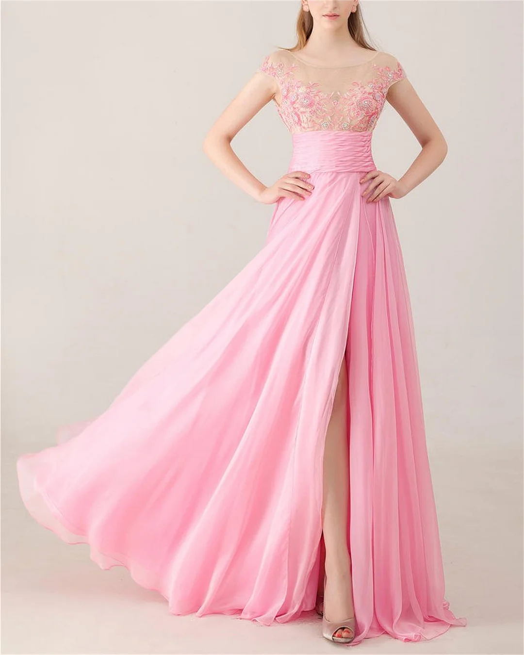 Women's Round Neck Embroidered Chiffon Slit Dress