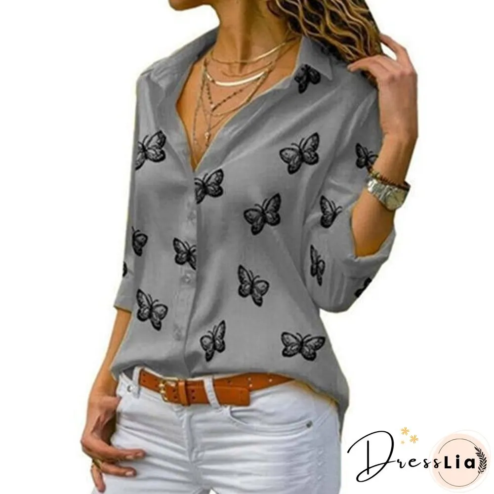 Flutter Print Womens Blouses Long-Sleeve Turn-Down Collar Blouse Shirt Casual Tops Elegant