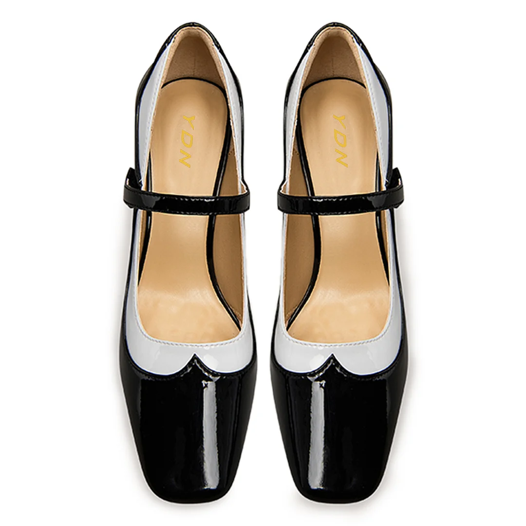 Vintage Black & White Patent Leather Square Toe Mary Jane Heels