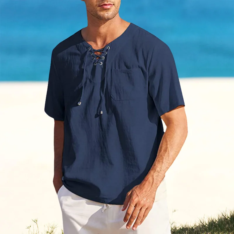 Men's Tie Pocket Loose V-Neck Solid Short Sleeve Shirt-inspireuse