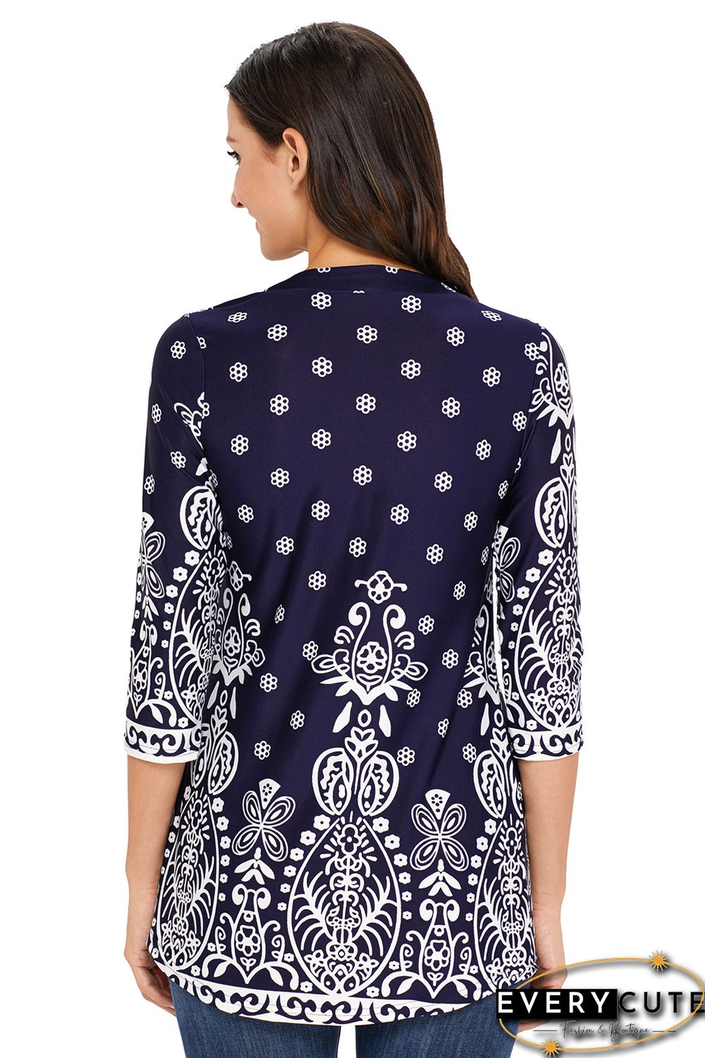 Navy Blue Floral Notch Neck Pin-tuck Tunic