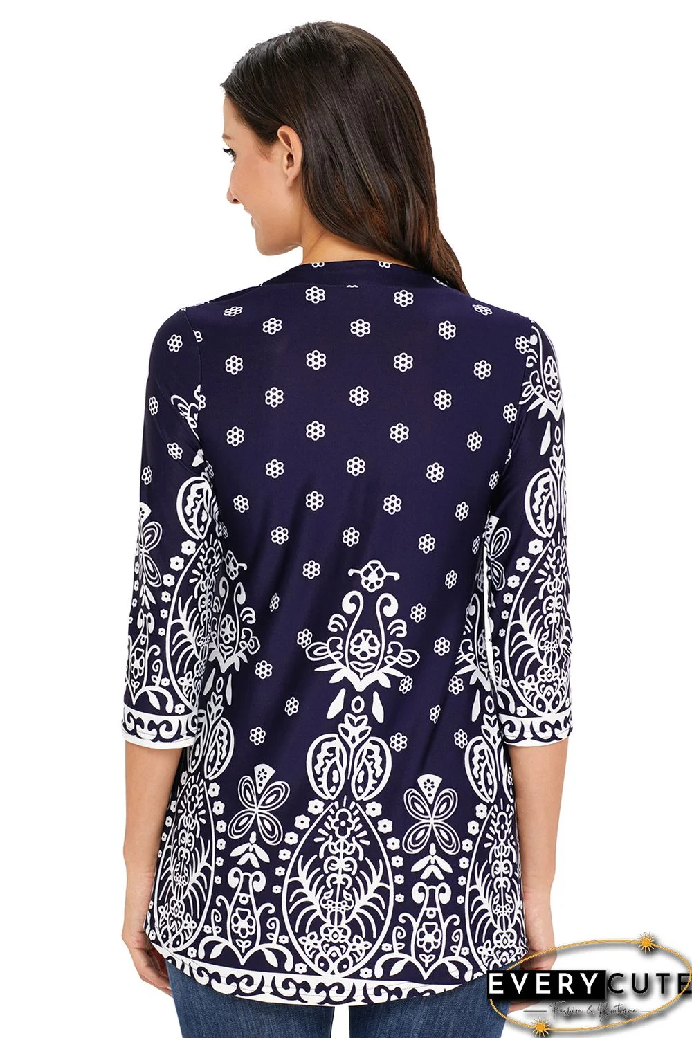 Navy Blue Floral Notch Neck Pin-tuck Tunic