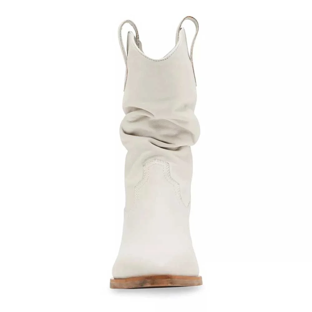 Women's White Pull On Almond Toe Stacked Heel Western Slouch Boots