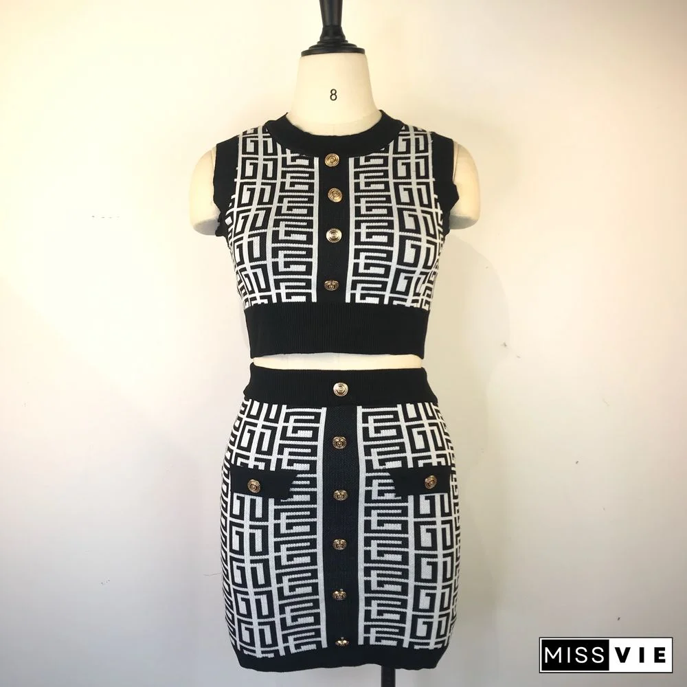 Geometric Knitted Vest Crop Tops Two Piece Skirt Sets