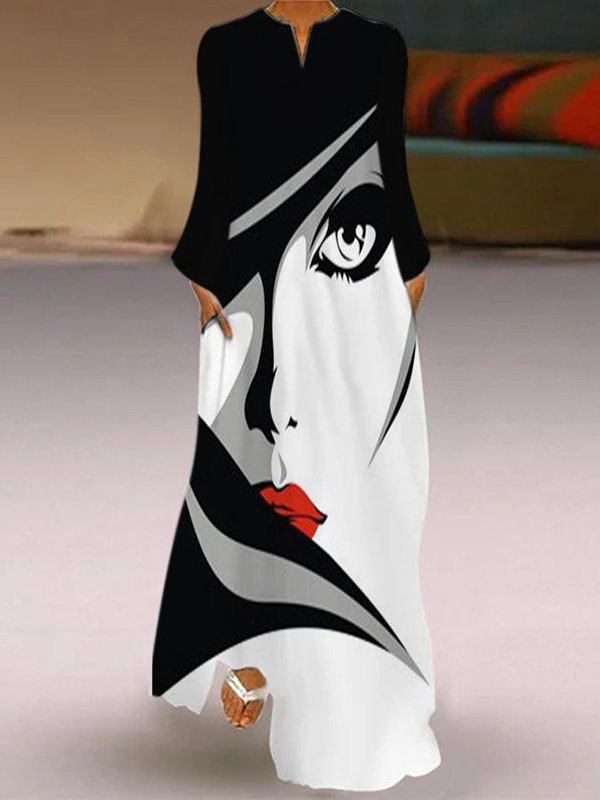 Original Printing V-Neck Short Sleeve Maxi Dress