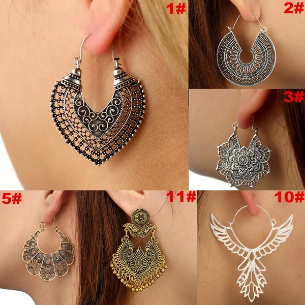 New Fashion Women Jewelry Vintage Boho Ancient Antique Silver Gold Hollow Out Tribal Ethnic Hoop Drop Dangle Carved Earrings