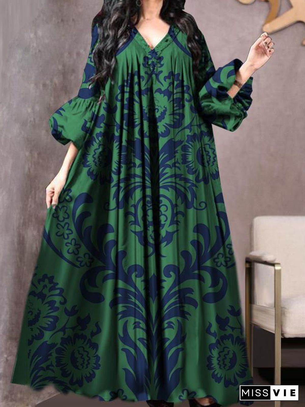 Blue Pattern V Neck Baggy Dress