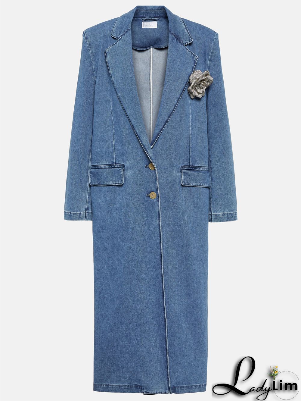 Daily Lapel Collar Floral Long Blazers Denim Trench Coat