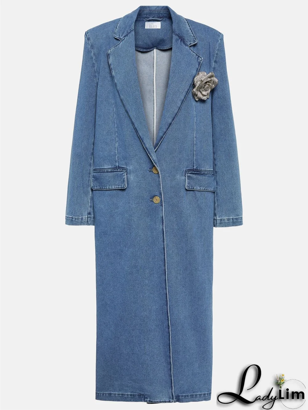 Daily Lapel Collar Floral Long Blazers Denim Trench Coat