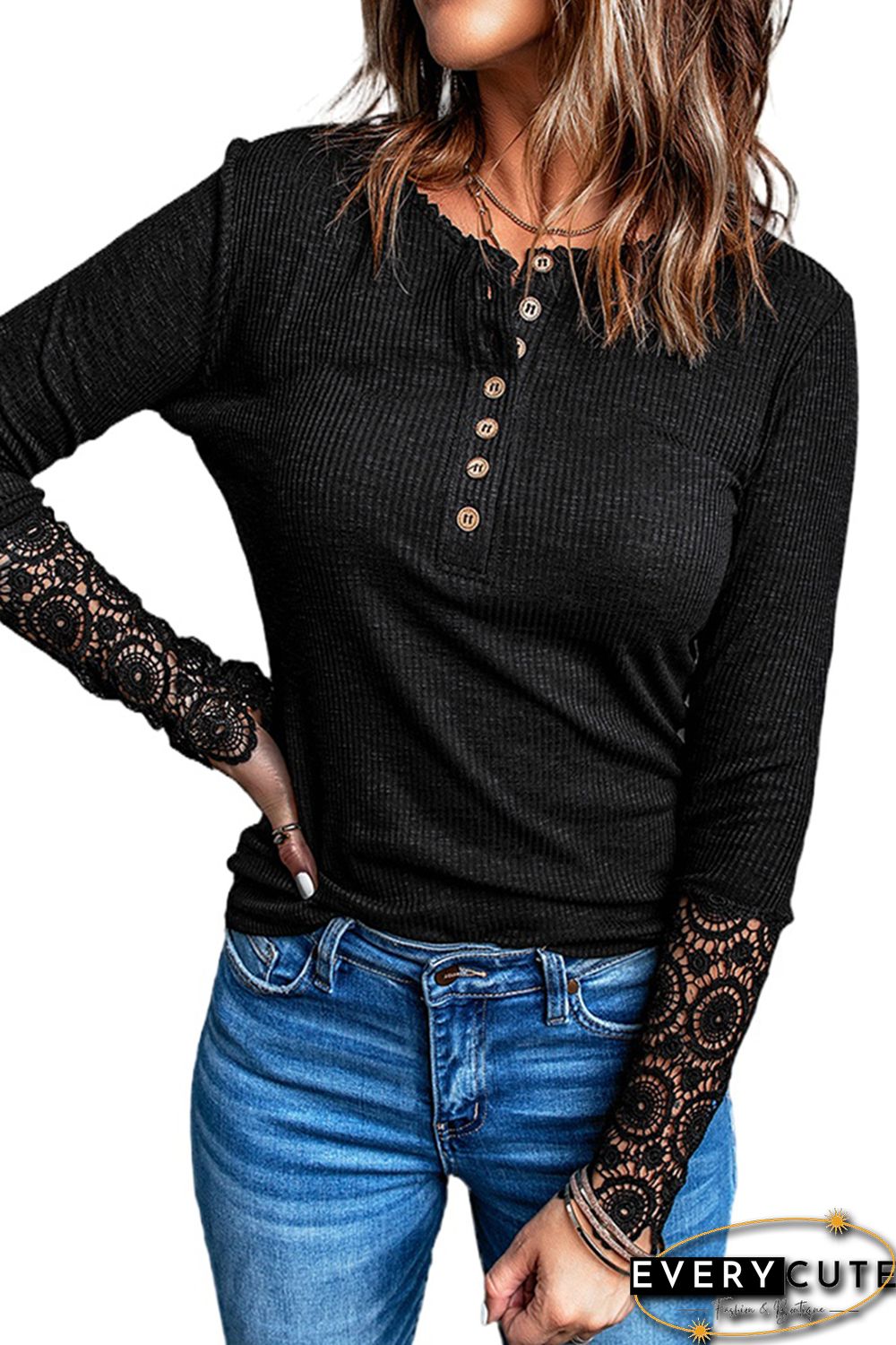 Black Crochet Lace Hem Sleeve Button Top