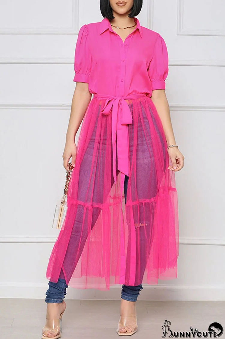 Red Casual Solid Bandage Split Joint Buckle Turndown Collar Straight Dresses