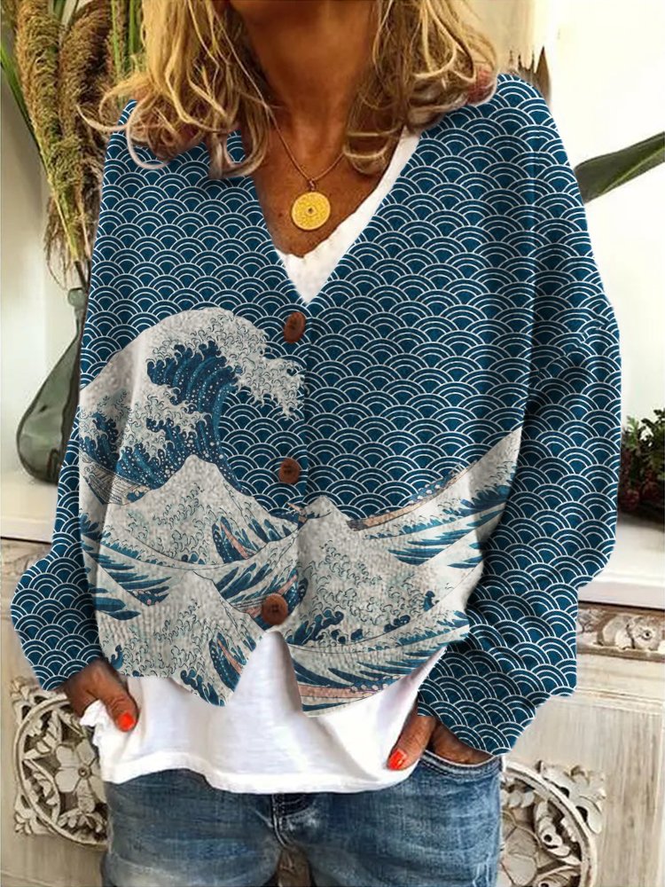 The Great Wave off Kanagawa Japanese Art Cozy Knit Cardigan wearshes