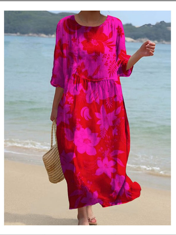 Women's 3/4 Sleeve Scoop Neck Graphic Printed Midi Dress