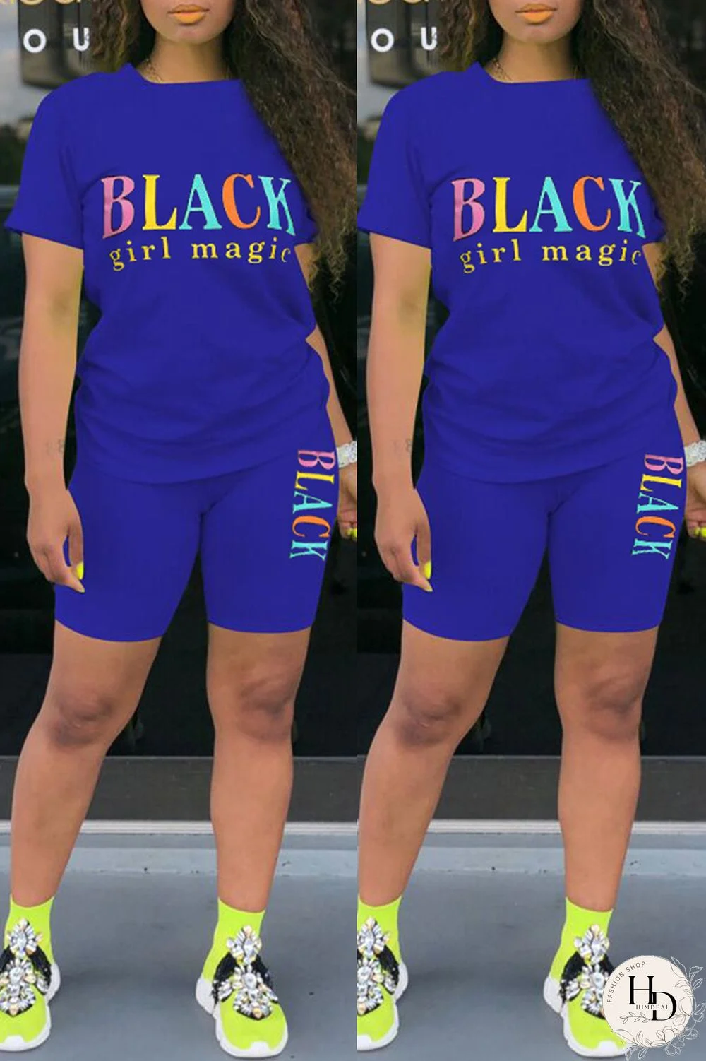 Black Fashion Casual Letter Print Basic O Neck Short Sleeve Two Pieces