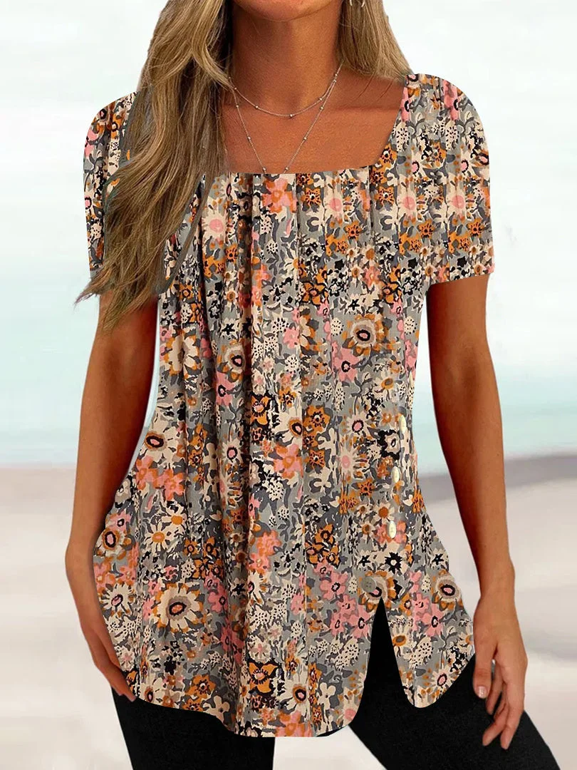 Women's Short Sleeve U-neck Floral Printed Graphic Button Top