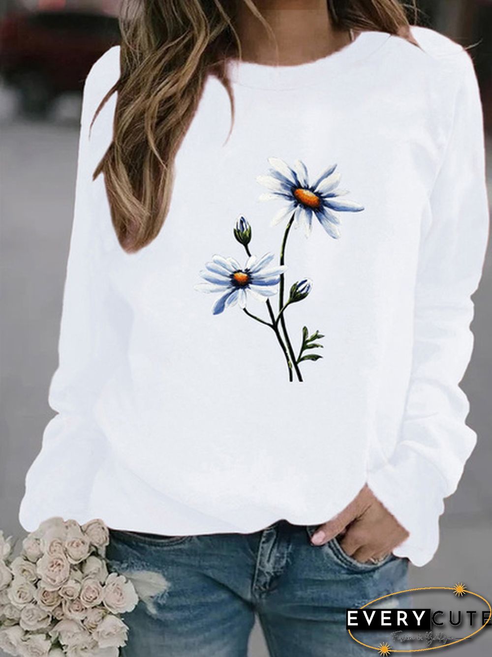 Womens Fashion Spring and Autumn Clothing Flower Print Casual Sweatshirt Long Sleeve