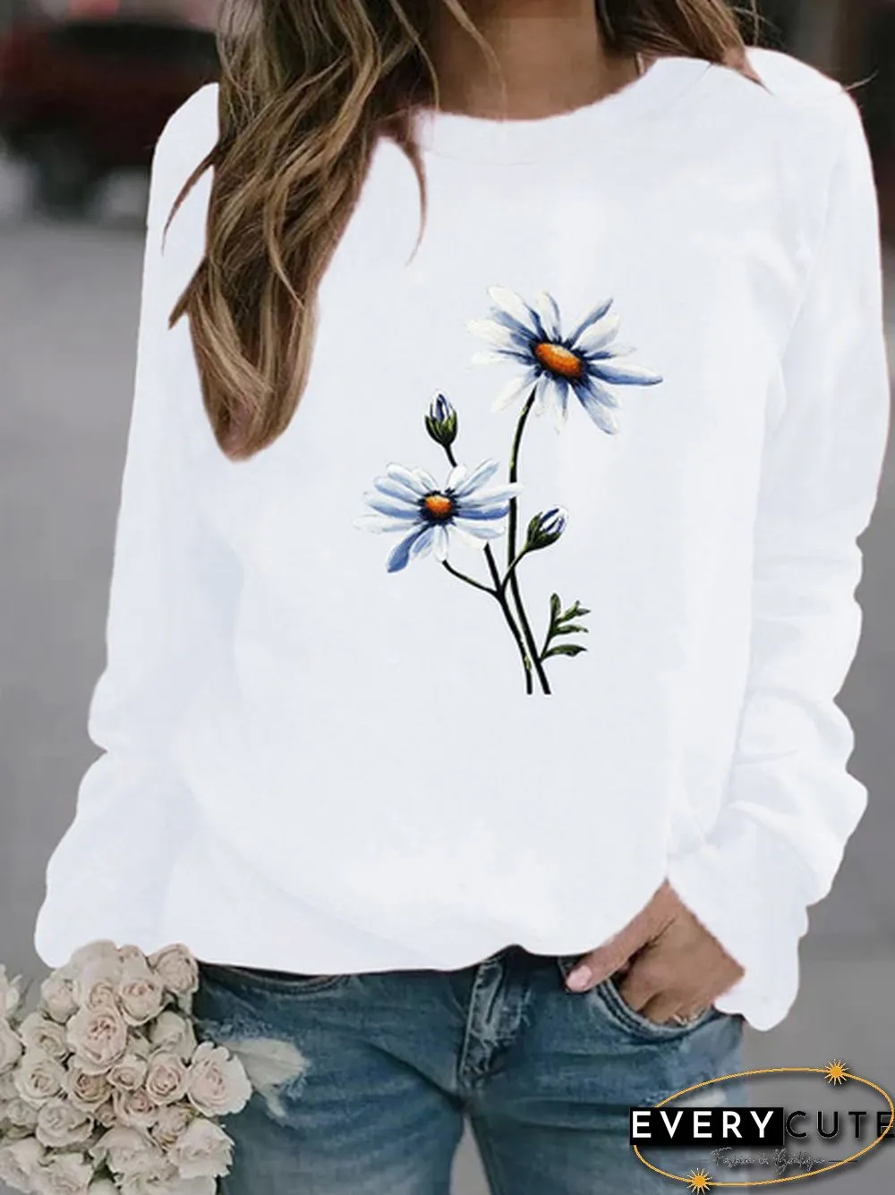 Womens Fashion Spring and Autumn Clothing Flower Print Casual Sweatshirt Long Sleeve