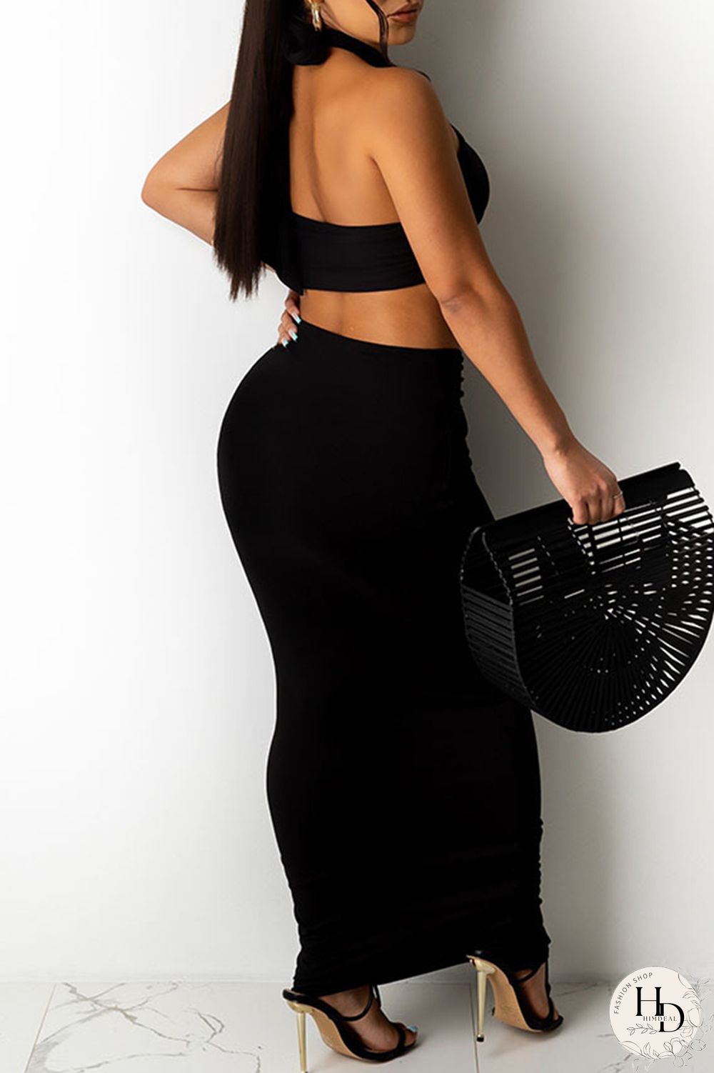 Black Fashion Sexy Solid Backless Halter Sleeveless Two Pieces