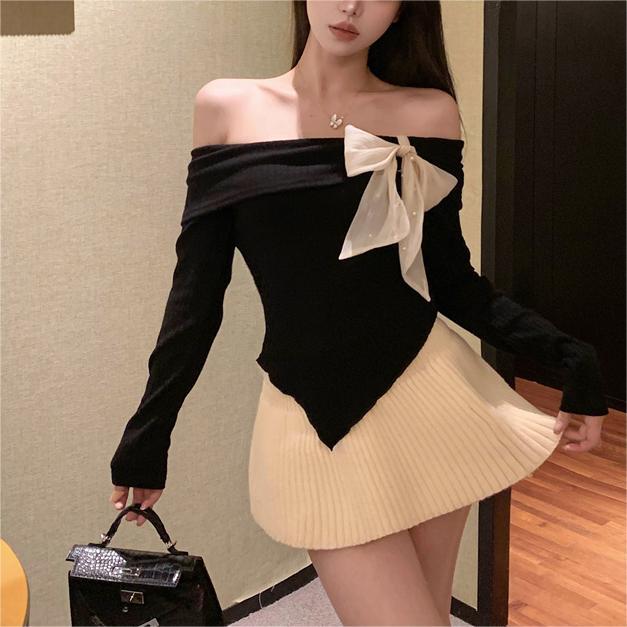 Aiertu outfit Spring off-Shoulder Big Bow off-Shoulder Long Sleeve T-shirt Women's Sweater Top Bottoming Sweater aiertu