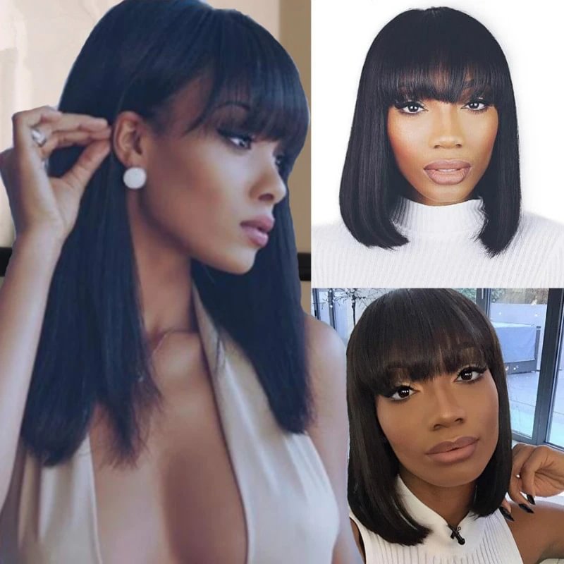 Wig Female Qi Bangs Bobo Head Medium Long Straight Hair Full Mechanism Chemical Fiber Head Cover
