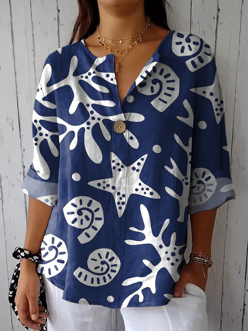 Coral And Sea Shell Pattern Printed Women's Casual Cotton Linen Shirt