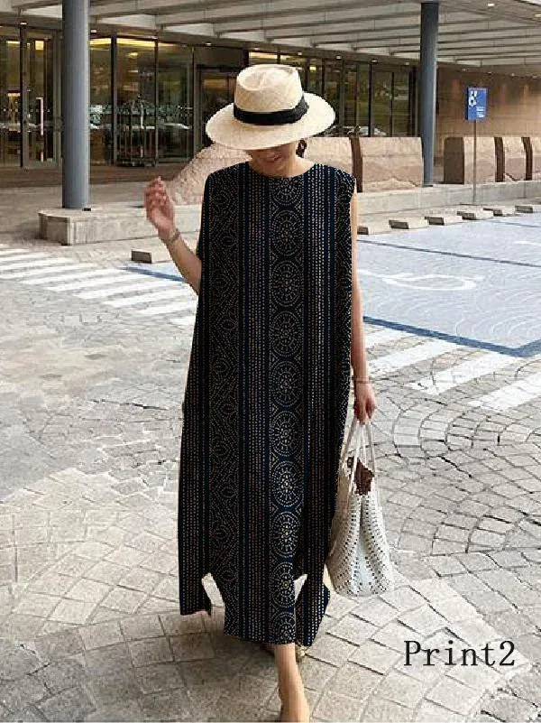 Bohemian O Neck Side Open Linen Cotton Clothes Fabrics Print2 Dress