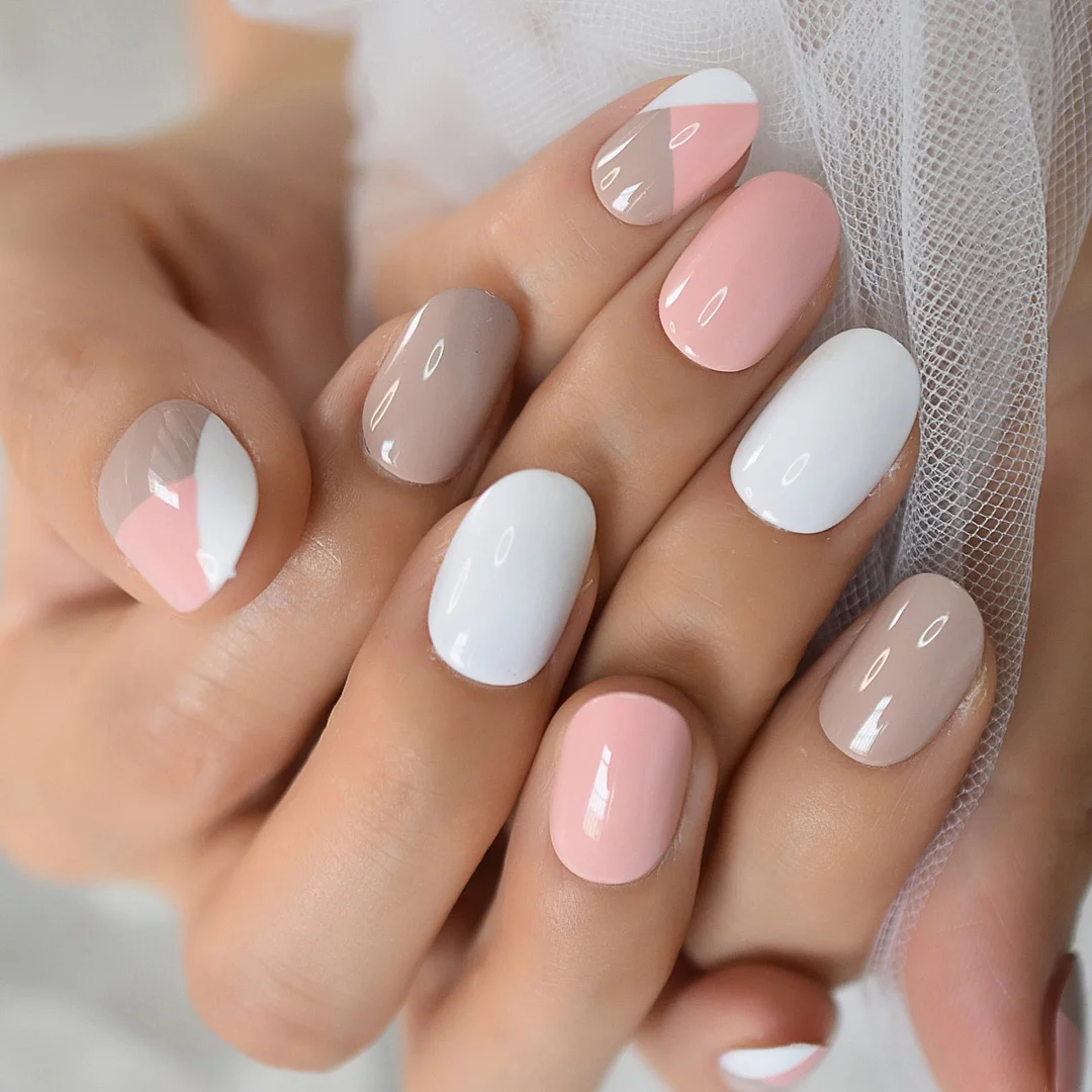 Natural Nude Color Press On Nails Marble White Artificial False Nails Square Short Glossy Pattern Tips with Glue Sticker 113-Nail Inspo