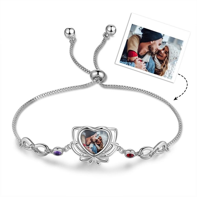 Lotus Flower Photo Bracelet With 2 Birthstone Infinity Pendant Personalized Gift