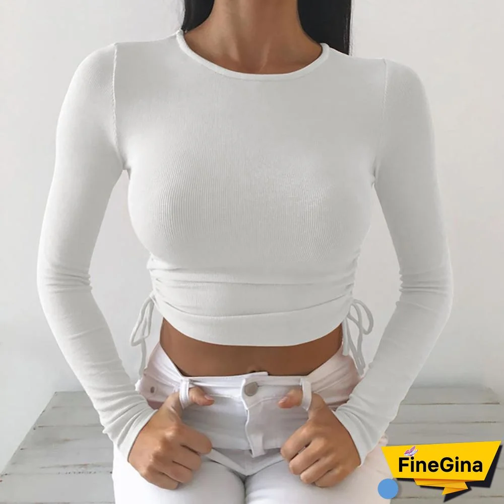 Casual Solid O-Neck Long Sleeve Crop Top Women Side Drawstring Ruched White T-Shirt Female Tee Shirt Top For Women Clothing