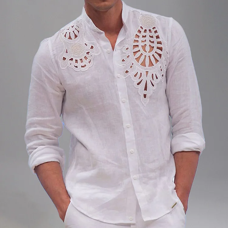 Casual Burn Out Hollow Stand Collar Button Long Sleeve Shirt Okaywear