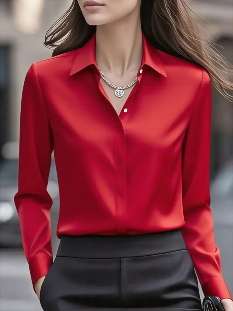 Satin Button-Down Long Sleeve Blouse