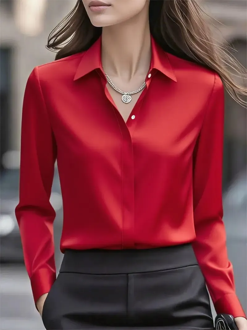 Satin Button-Down Long Sleeve Blouse