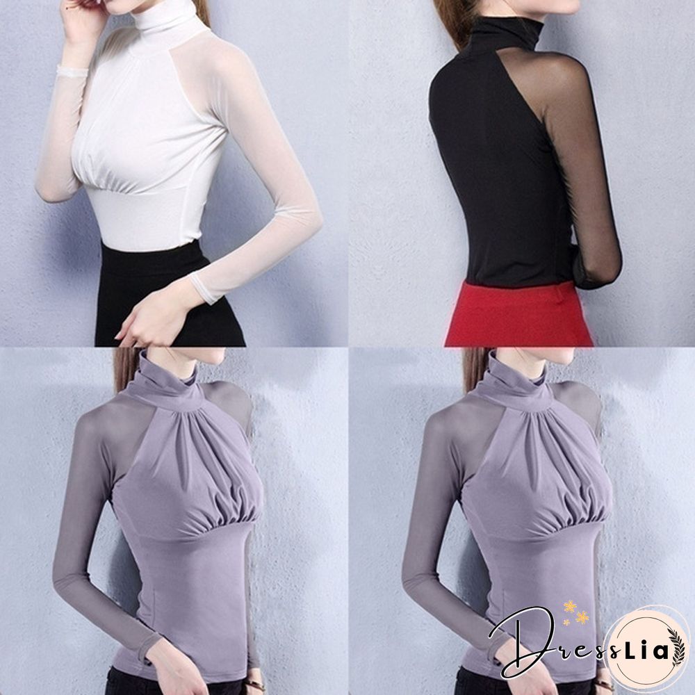 New Fashion Lady Blouse Lace Mesh Turtleneck Long Sleeves Slim Thin Patchwork Spring and Autum Shirt