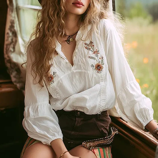 Bohemian Floral Embroidered Blouse with Wide Sleeves