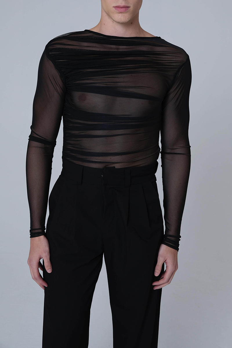 Ruched Mesh See-Though Stretchy Long Sleeve Top [Pre-Order]