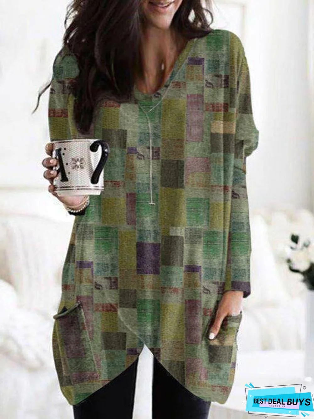 Vintage Geometric Printed Long Sleeve V Neck Pockets Casual Tunic Top