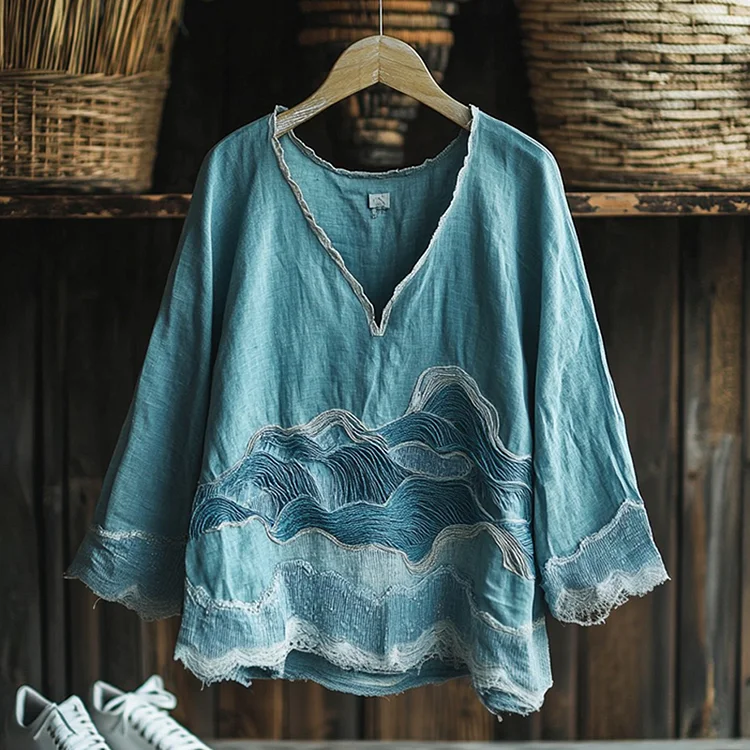 Vintage Waves Embroidery Japanese Art Linen Blend Cozy Tunic