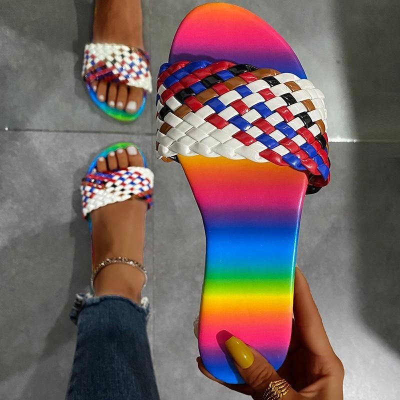 Women's rainbow colorful woven slip on beach sandals