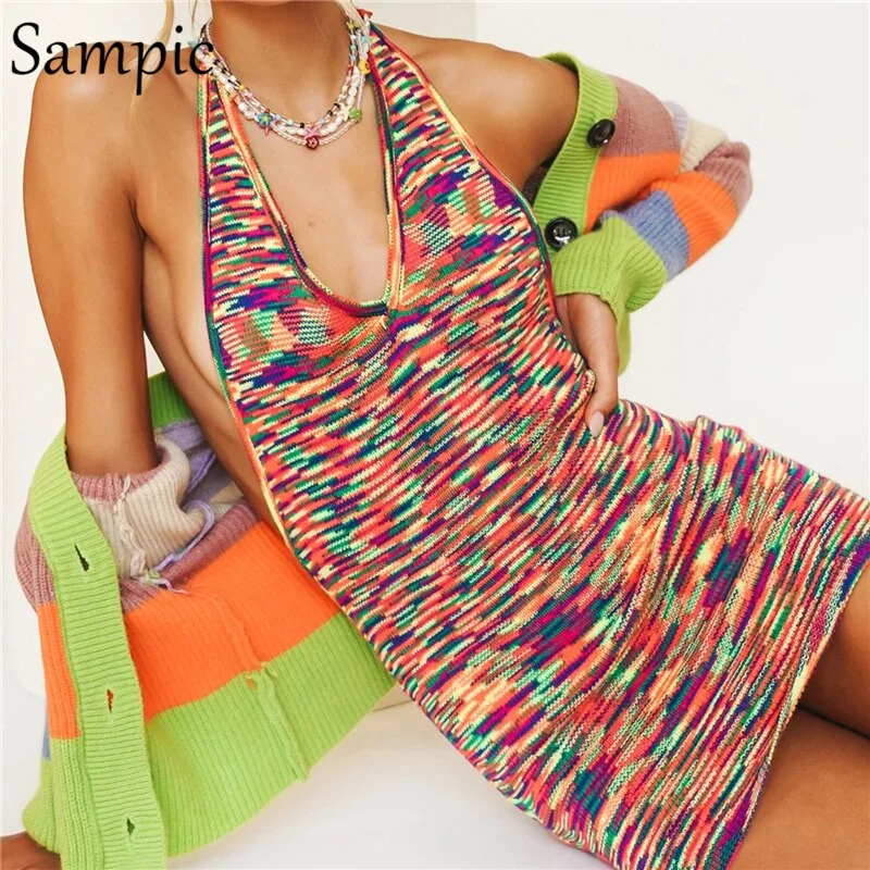 Sampic Sexy Women Summer Beach 2021 Casual Mini Wrap Sweat Cotton Knitted Dress Party Club Halter Backless Tie Dye Bodycon Dress