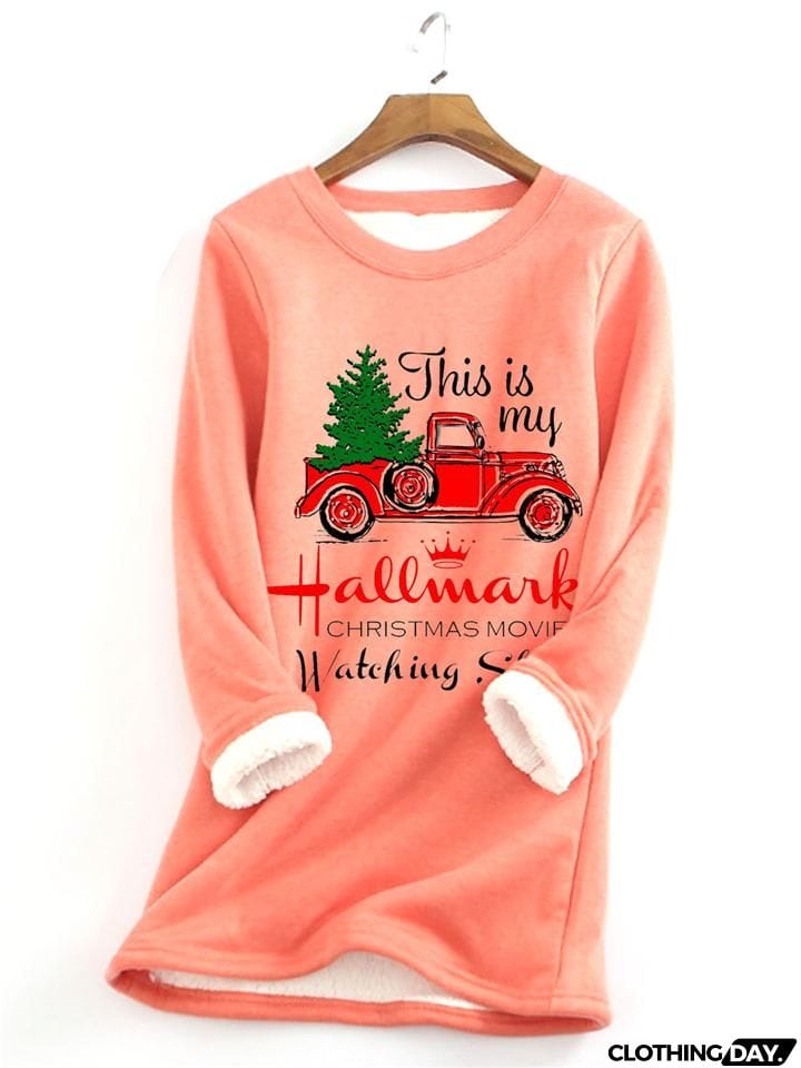 Warm Thick Faux Fleece Lining Christmas Car Print Sweatshirt