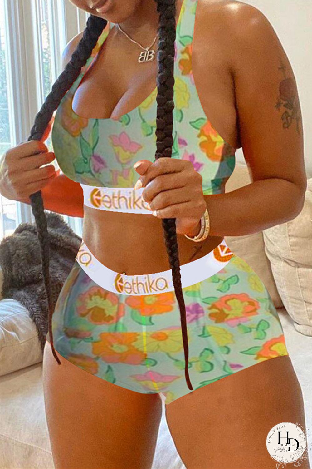 Colour Casual Sportswear Print Vests U Neck Sleeveless Two Pieces