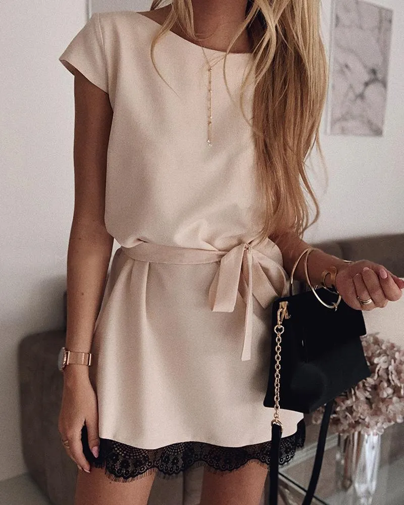 Solid Short Sleeve Lace Patchwork Mini Dress P15271