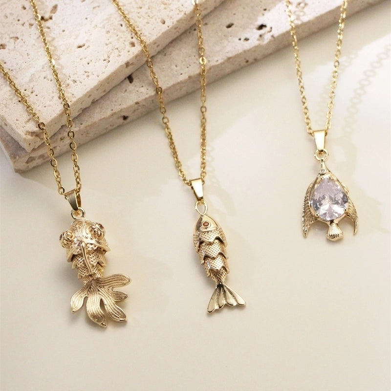 Copper Inlay Fish Zircon Pendant Necklace