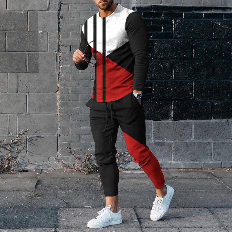 Men's Geometric Color Blocking Long Sleeve T-Shirt And Pants Co-Ord