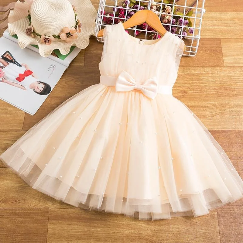 Flower Girl Champagne Wedding Dresses for Kids Elegant Tulle Bowknot Princess Tutu Birthday Party Cute Bowknot Children Clothes