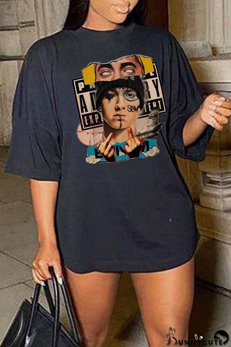 Black Casual Street Print Patchwork O Neck T-Shirts